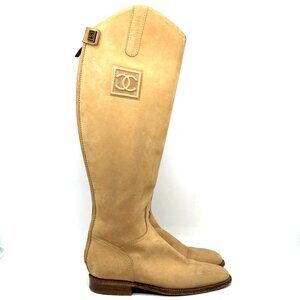 CHANEL Vintage 2006 Nubuck Leather CC Logo Back Zip Tall Riding Knee High Boots